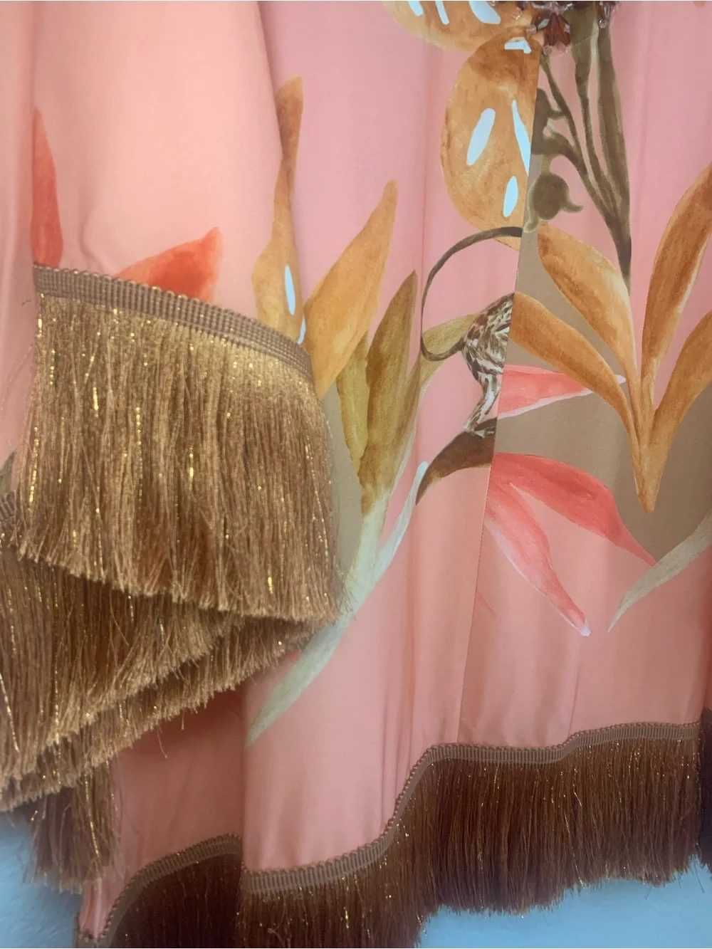 PatBO Bananier Short Coverup | Kaftan in Peach with Beaded Trim and Fringe - Picture 5 of 9
